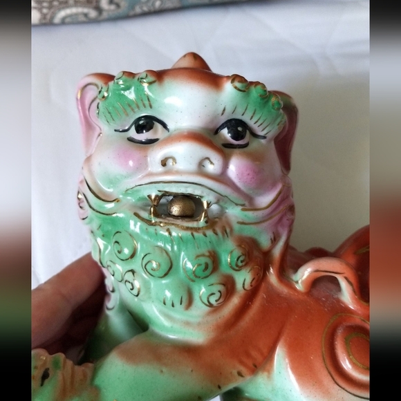 Rare Antique Female Hand-painted Orange & Green Chinese Feng Shui Foo Dog Lion - Picture 12 of 12